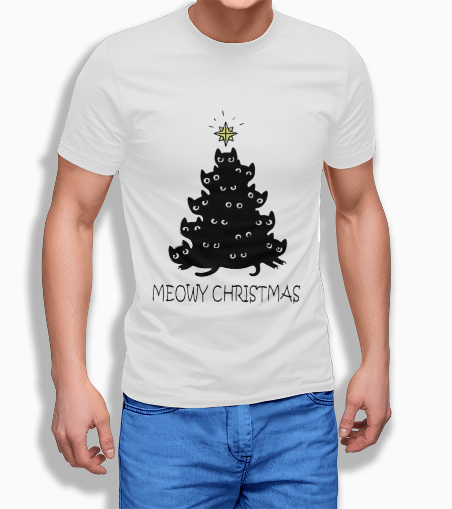 Black Cat Pine Tree Shape Meowy Christmas Star T-Shirt