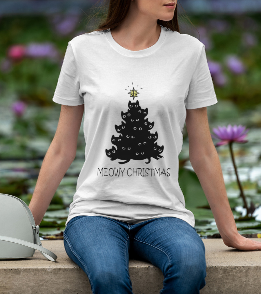 Black Cat Pine Tree Shape Meowy Christmas Star T-Shirt