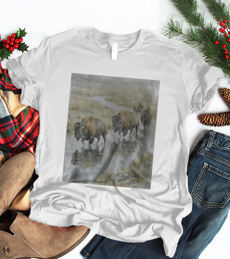 Bison Herd Crossing River On Prairie Landscape Scene T-Shirt