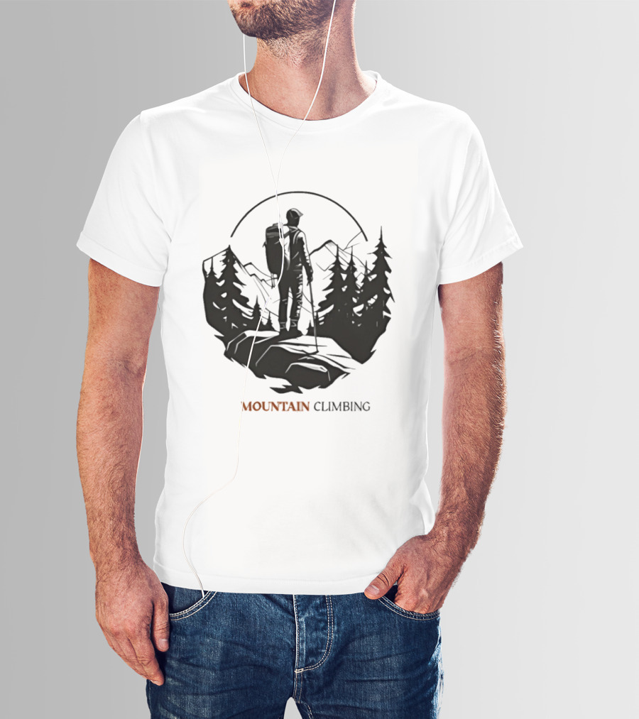 Mountain Climbing Adventure Climber On Cliff Overlooking Mountain And Forest T-Shirt