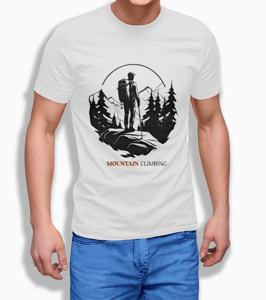 Mountain Climbing Adventure Climber On Cliff Overlooking Mountain And Forest T-Shirt