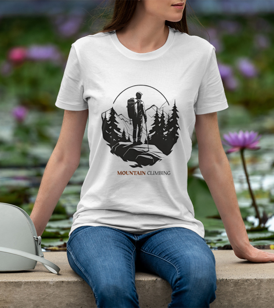 Mountain Climbing Adventure Climber On Cliff Overlooking Mountain And Forest T-Shirt