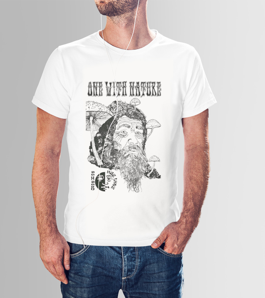One With Nature Mushroom Face With Beard And Mushrooms T-Shirt