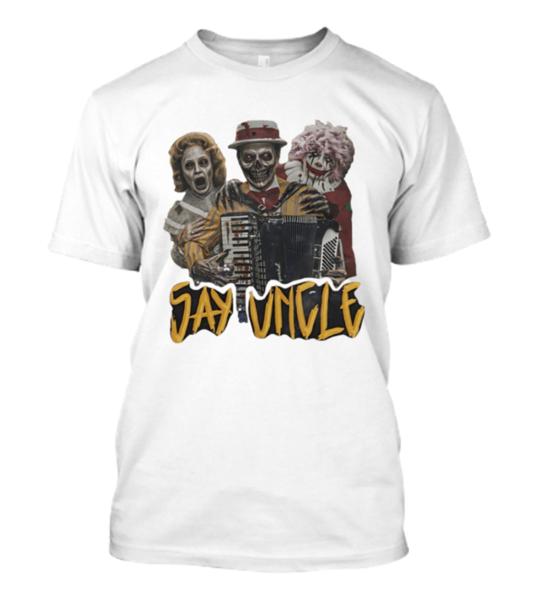 Say Uncle Ghost Clown Skeleton Playing Accordion Haunted Uncle Al T-Shirt