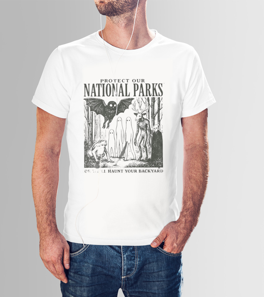 Protect Our National Parks Mothman Bigfoot Ghost Deer Cryptid Horror Characters T-Shirt