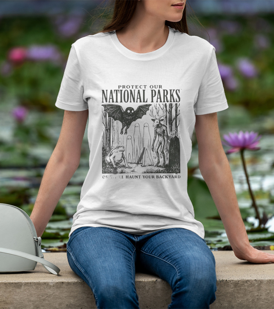 Protect Our National Parks Mothman Bigfoot Ghost Deer Cryptid Horror Characters T-Shirt
