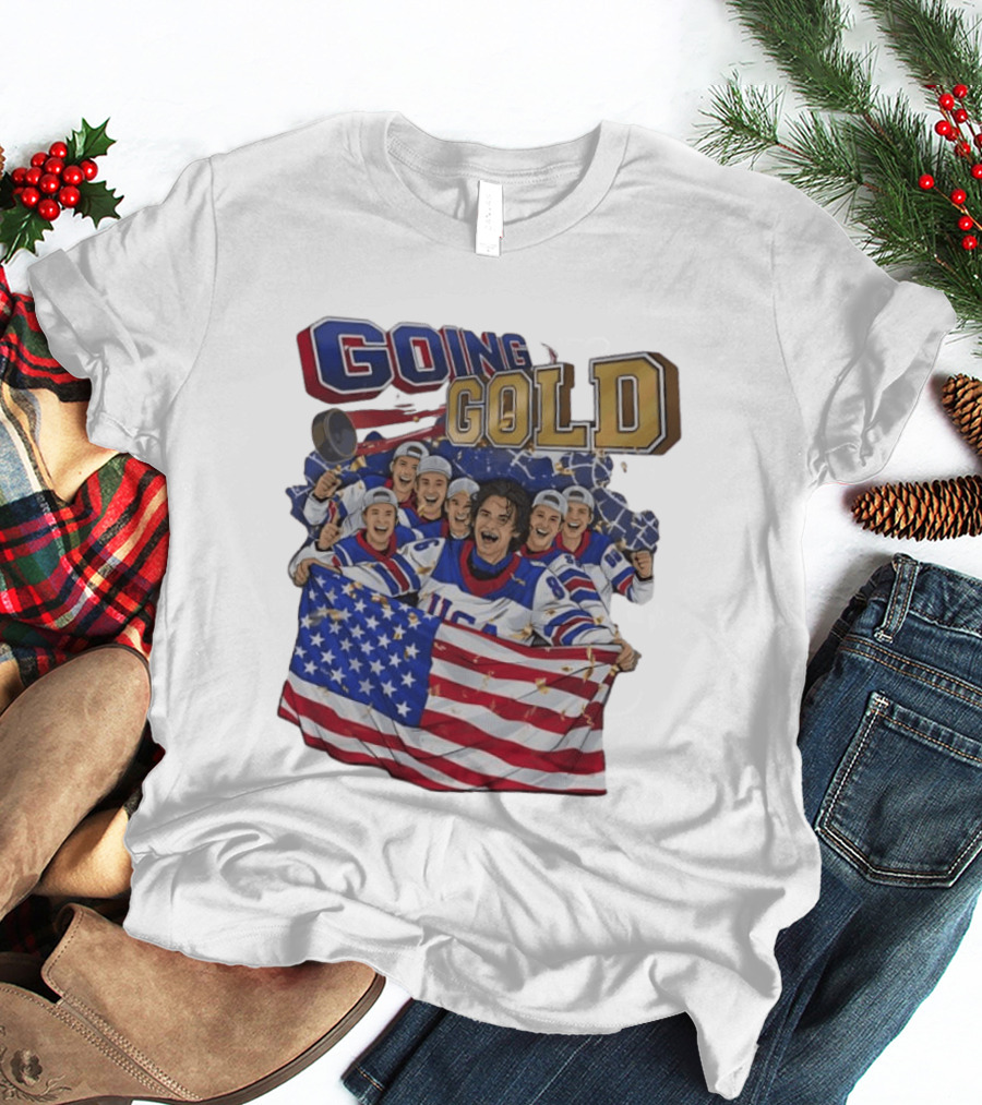GOING GOLD USA Hockey Team Celebration With Flag T-Shirt
