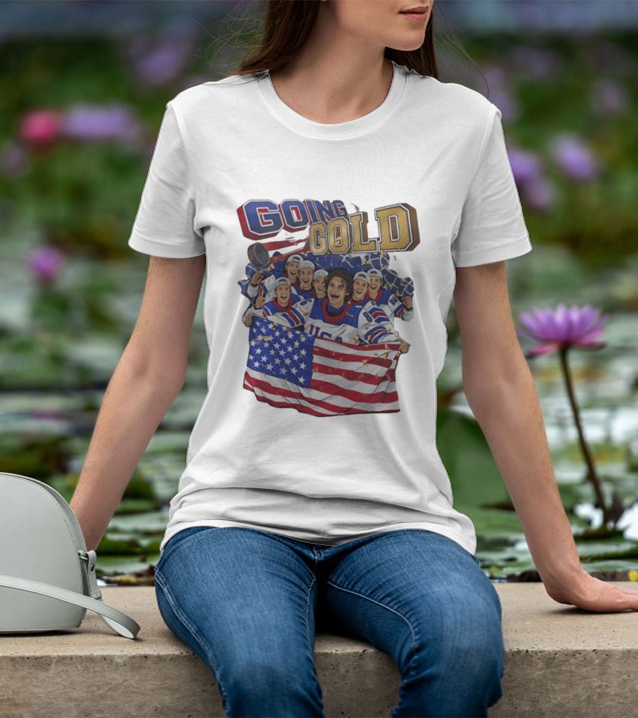GOING GOLD USA Hockey Team Celebration With Flag T-Shirt