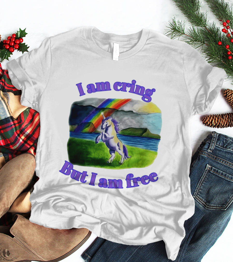 Unicorn I Am Cringe But I Am Free Rainbow Meadow T-Shirt