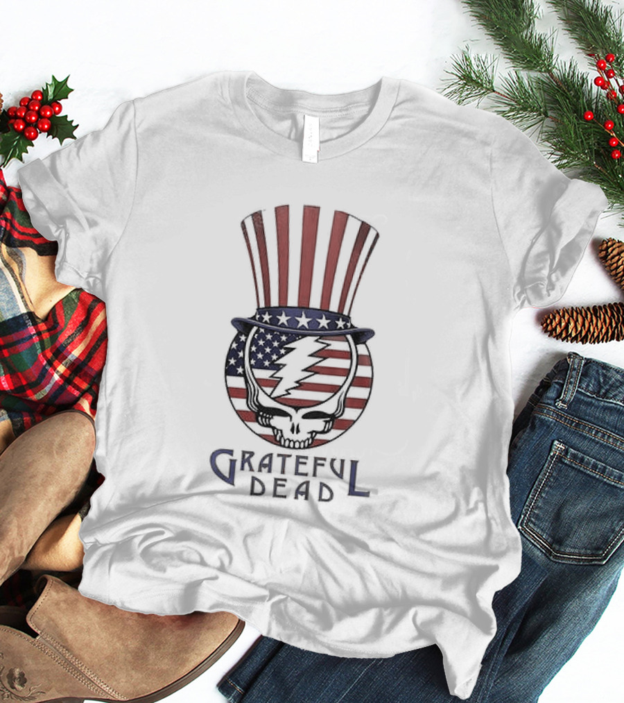 Grateful Dead American Flag Skeleton Uncle Sam Hat T-Shirt