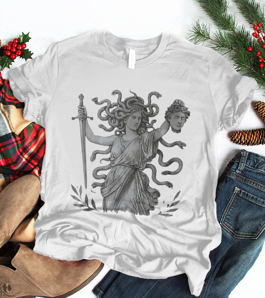 Medusa Holding Sword And Michael Head With Serpent Hair T-Shirt