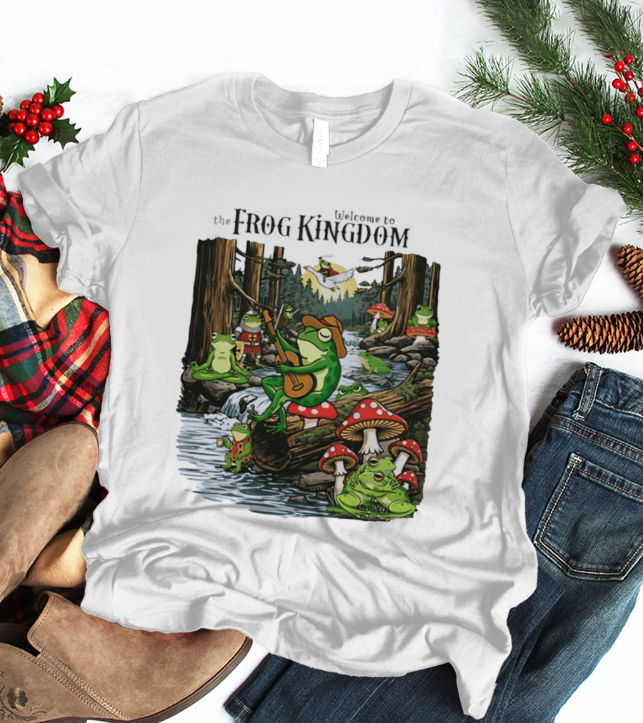 Frog Playing Guitar Forest Gathering Welcome To The Frog Kingdom T-Shirt