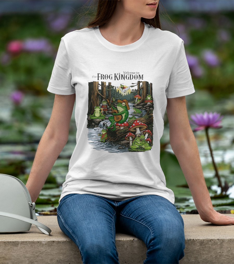Frog Playing Guitar Forest Gathering Welcome To The Frog Kingdom T-Shirt