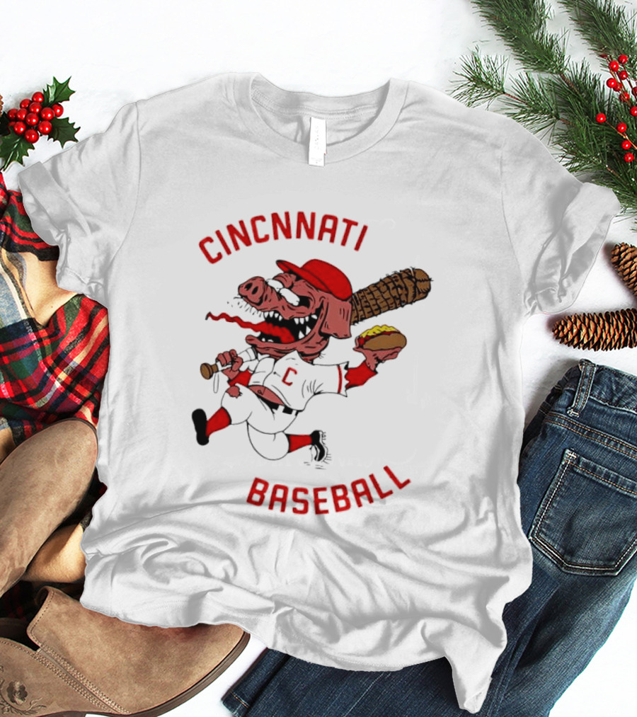 Cincinnati Baseball Pig Holding Hot Dog Bat T-Shirt