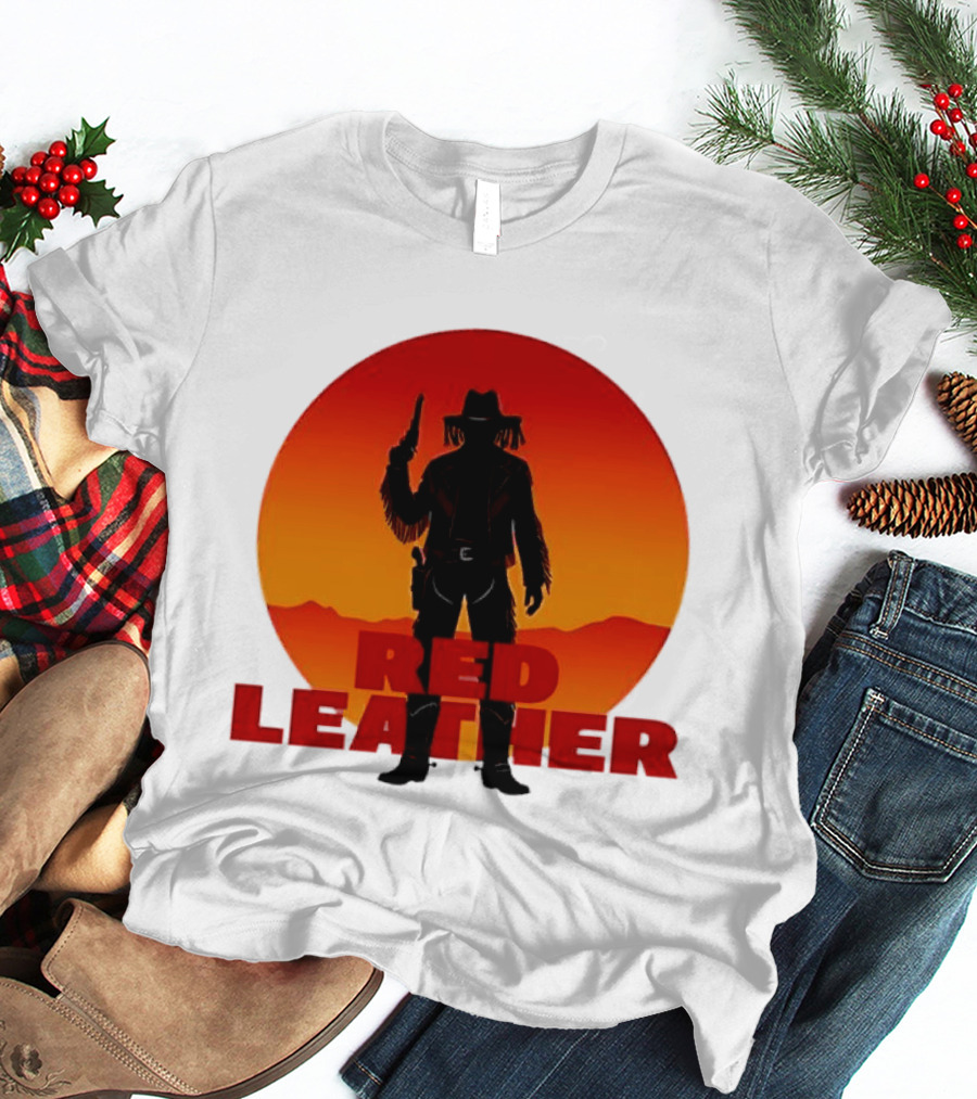 Red Leather Cowboy Sunset Silhouette With Gun And Hat In Desert T-Shirt