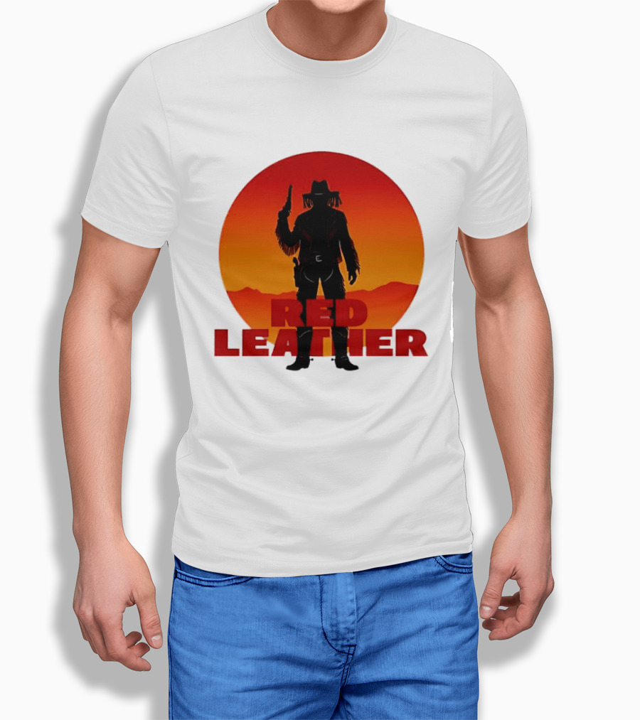 Red Leather Cowboy Sunset Silhouette With Gun And Hat In Desert T-Shirt