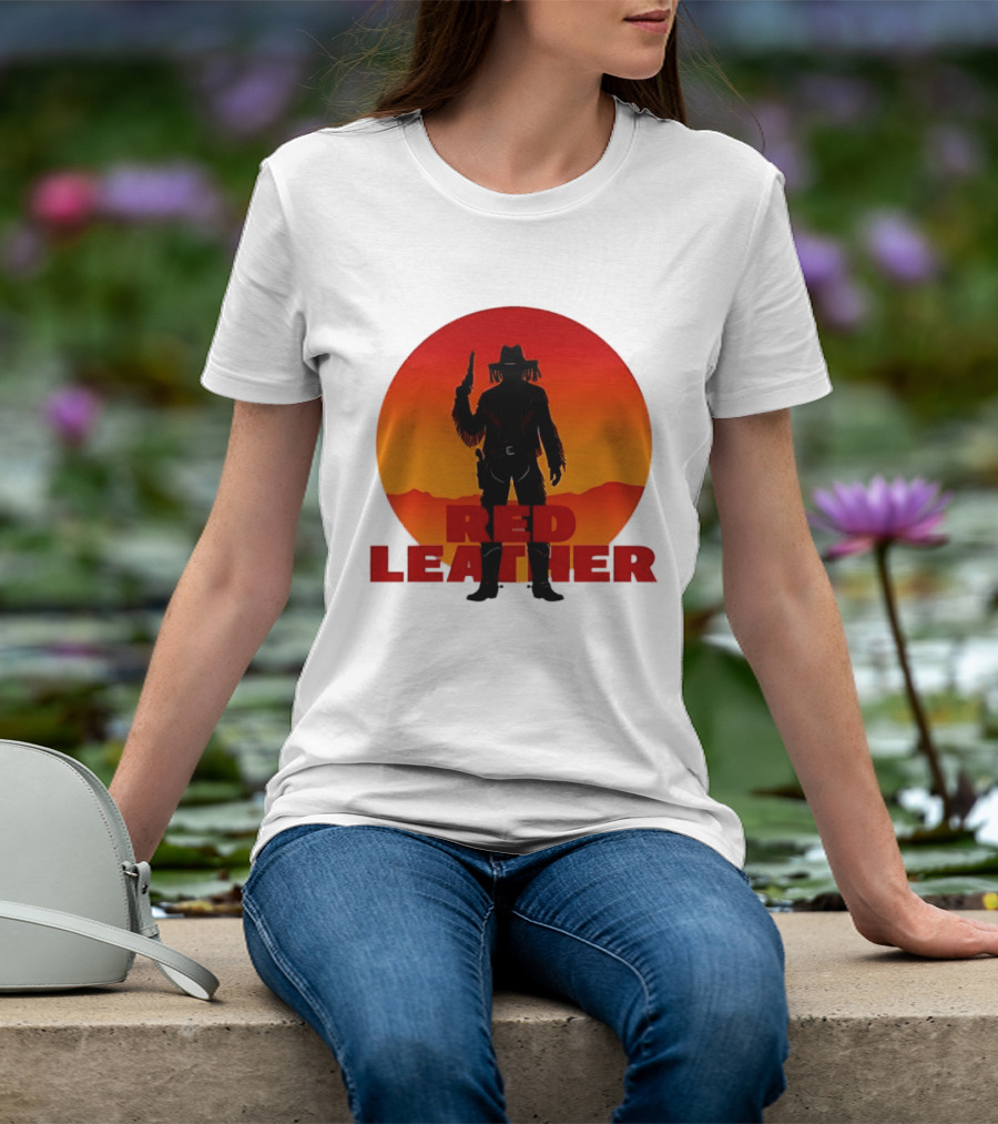 Red Leather Cowboy Sunset Silhouette With Gun And Hat In Desert T-Shirt