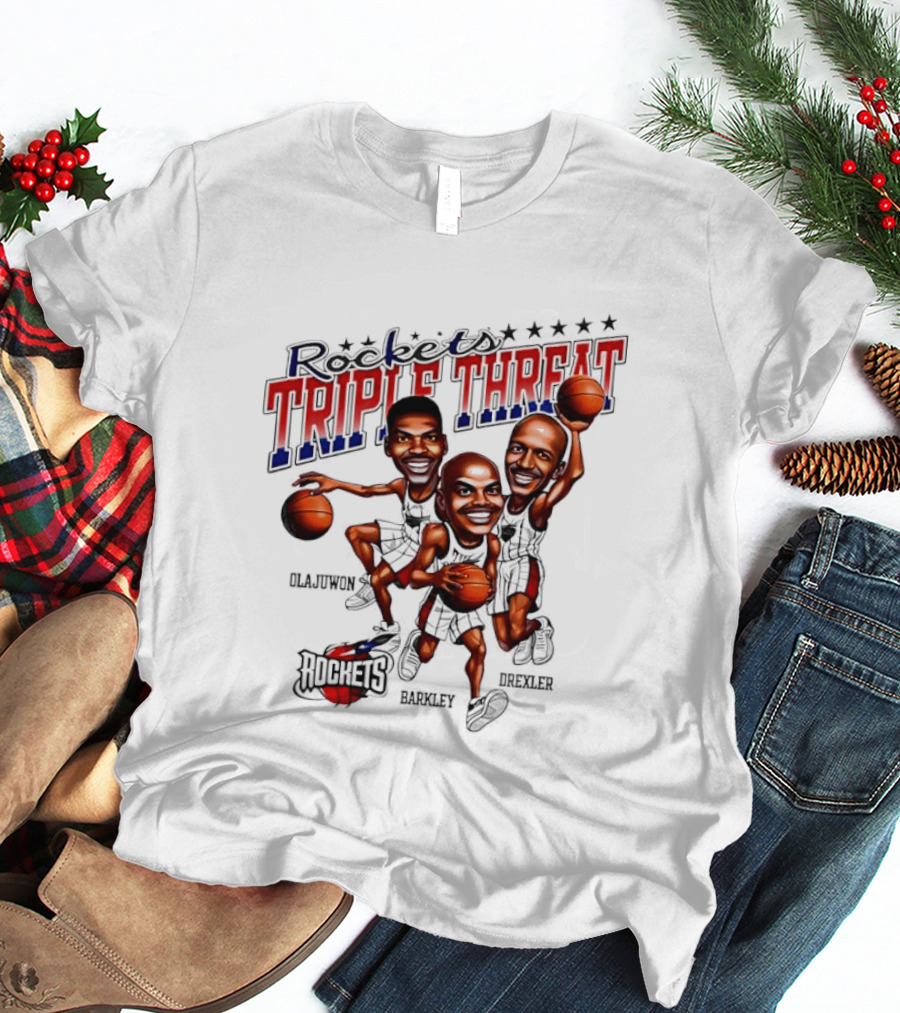 Hakeem Olajuwon Charles Barkley Clyde Drexler Rockets Triple Threat NBA Legends T-Shirt