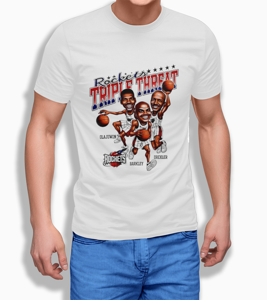 Hakeem Olajuwon Charles Barkley Clyde Drexler Rockets Triple Threat NBA Legends T-Shirt