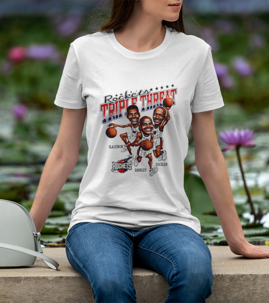Hakeem Olajuwon Charles Barkley Clyde Drexler Rockets Triple Threat NBA Legends T-Shirt