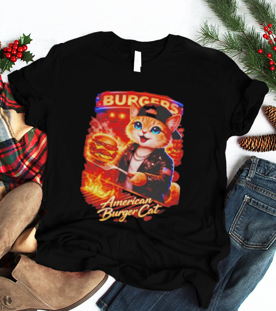 Burgers Flame Grilling American Burger Cat Fun T-Shirt