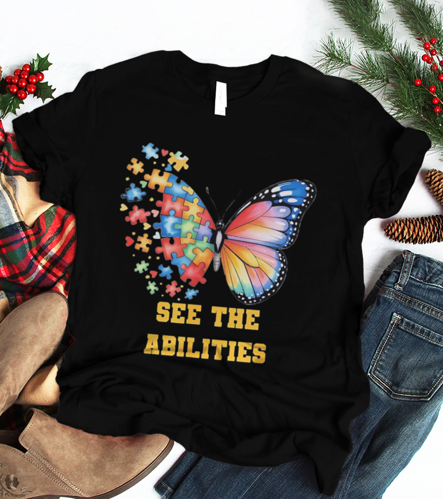 Butterfly Puzzle Pieces Autism Awareness See The Abilities T-Shirt