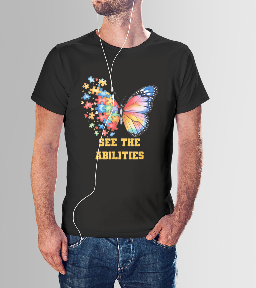 Butterfly Puzzle Pieces Autism Awareness See The Abilities T-Shirt