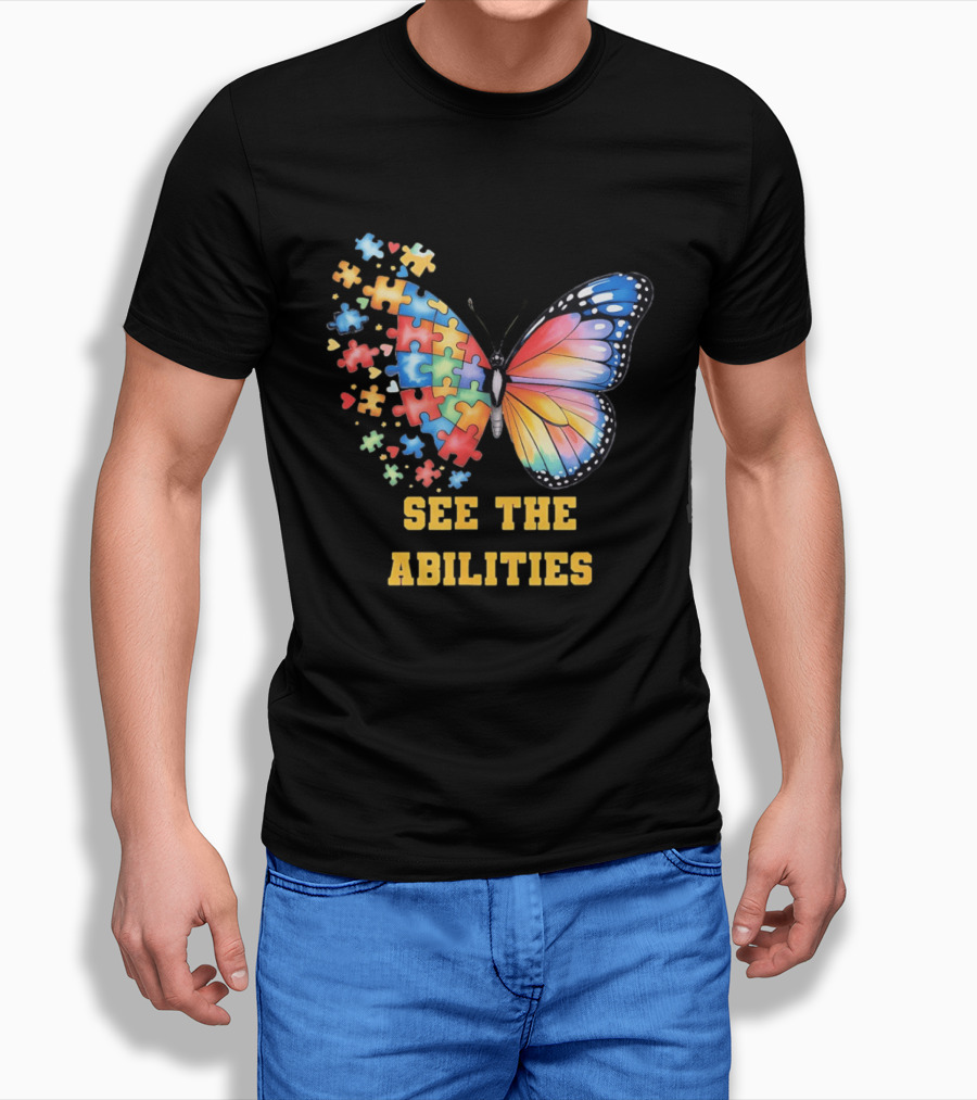 Butterfly Puzzle Pieces Autism Awareness See The Abilities T-Shirt