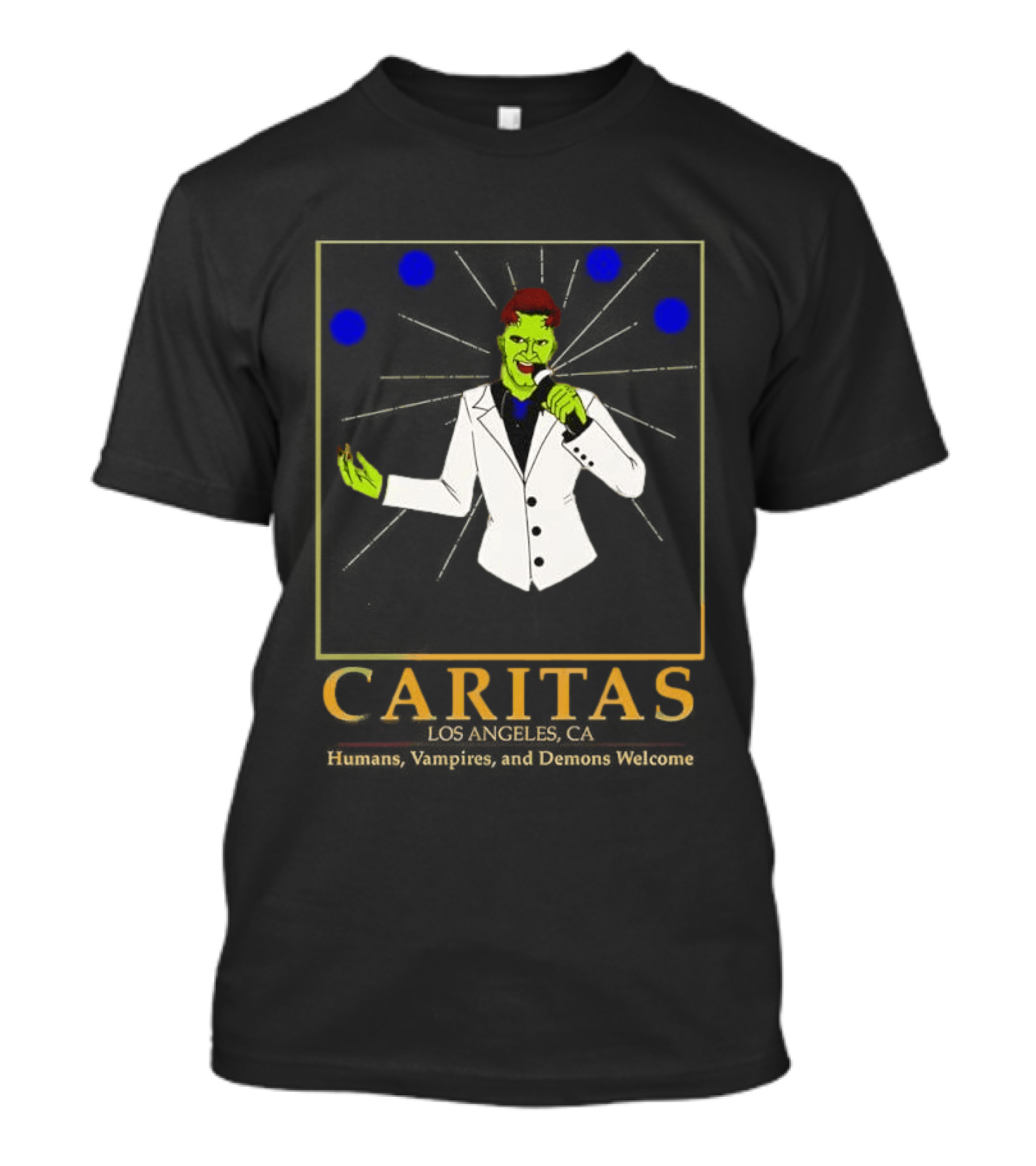 Caritas Los Angeles CA Humans Vampires Demons Welcome Singer In White Suit T-Shirt