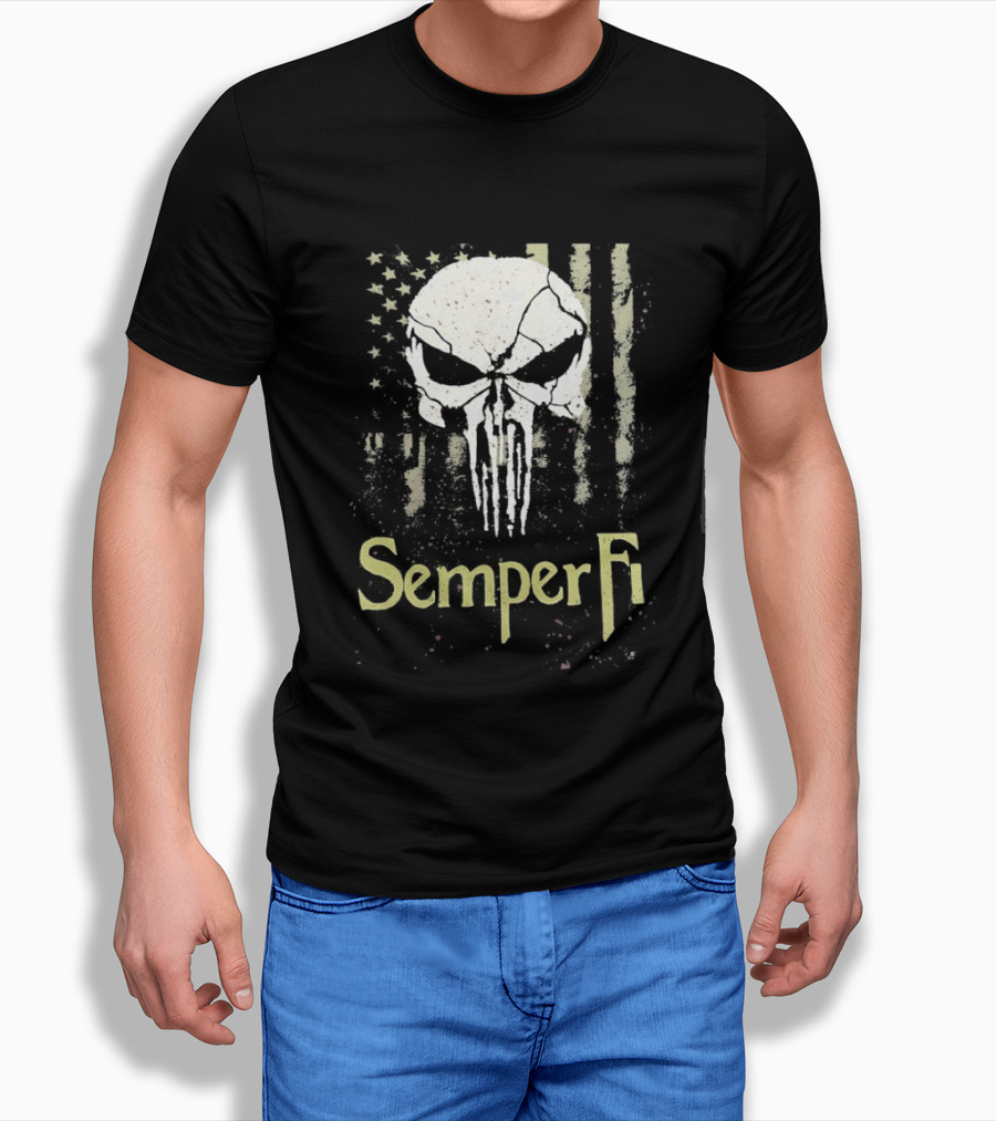 USA Flag Skull Semper Fi T-Shirt