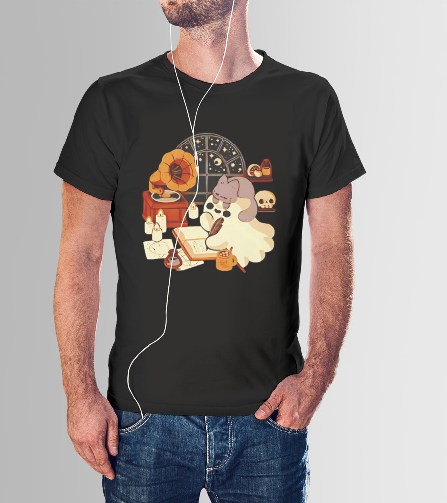 Ghost Cat Listening To Phonograph Under Night Sky While Writing T-Shirt