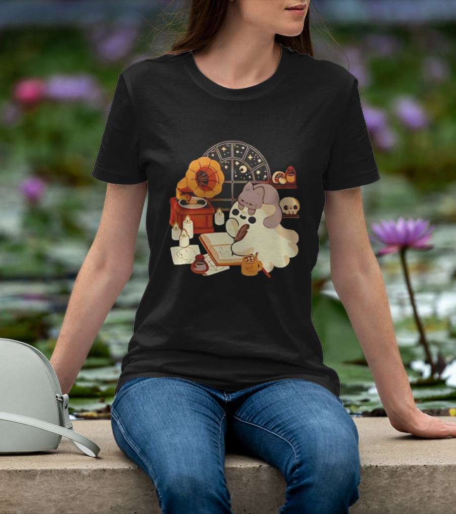 Ghost Cat Listening To Phonograph Under Night Sky While Writing T-Shirt