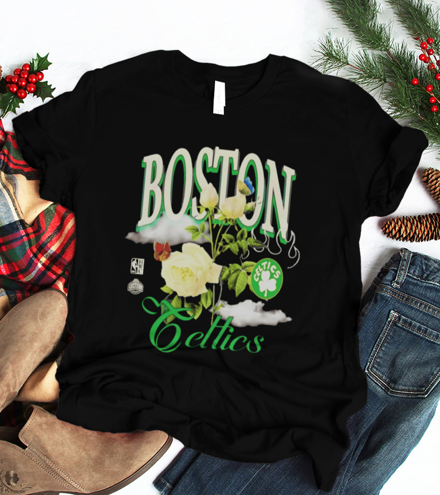 Boston Celtics Floral Roses With Butterfly And Shamrock T-Shirt