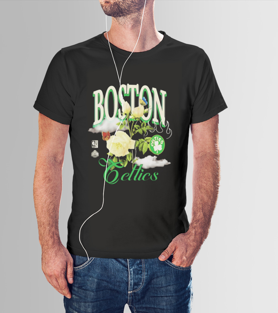 Boston Celtics Floral Roses With Butterfly And Shamrock T-Shirt