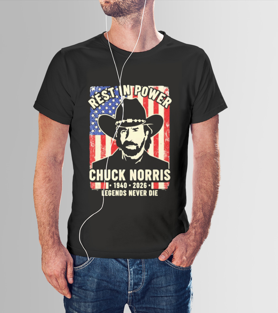 Rest In Power Chuck Norris Legends Never Die 1940 2026 Patriotic Western Cowboy T-Shirt