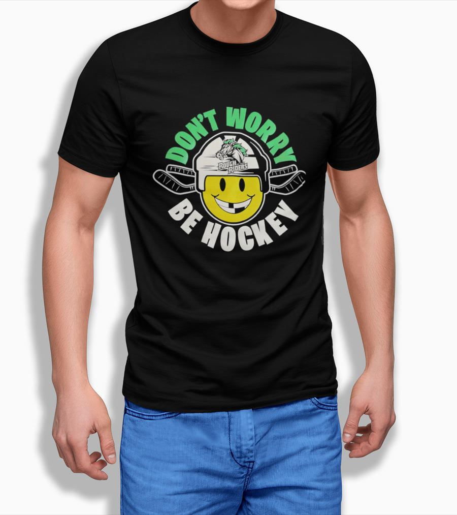 Don't Worry Be Hockey Cedar Rapids RoughRiders Smiley Face Helmet Rugged Fun T-Shirt