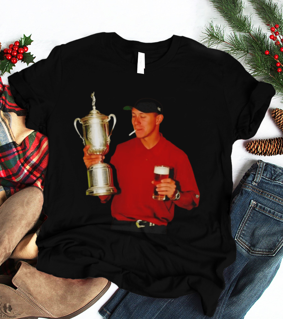 Tiger Woods Holding US Open Trophy With Cigarette And Drink In Hand T-Shirt