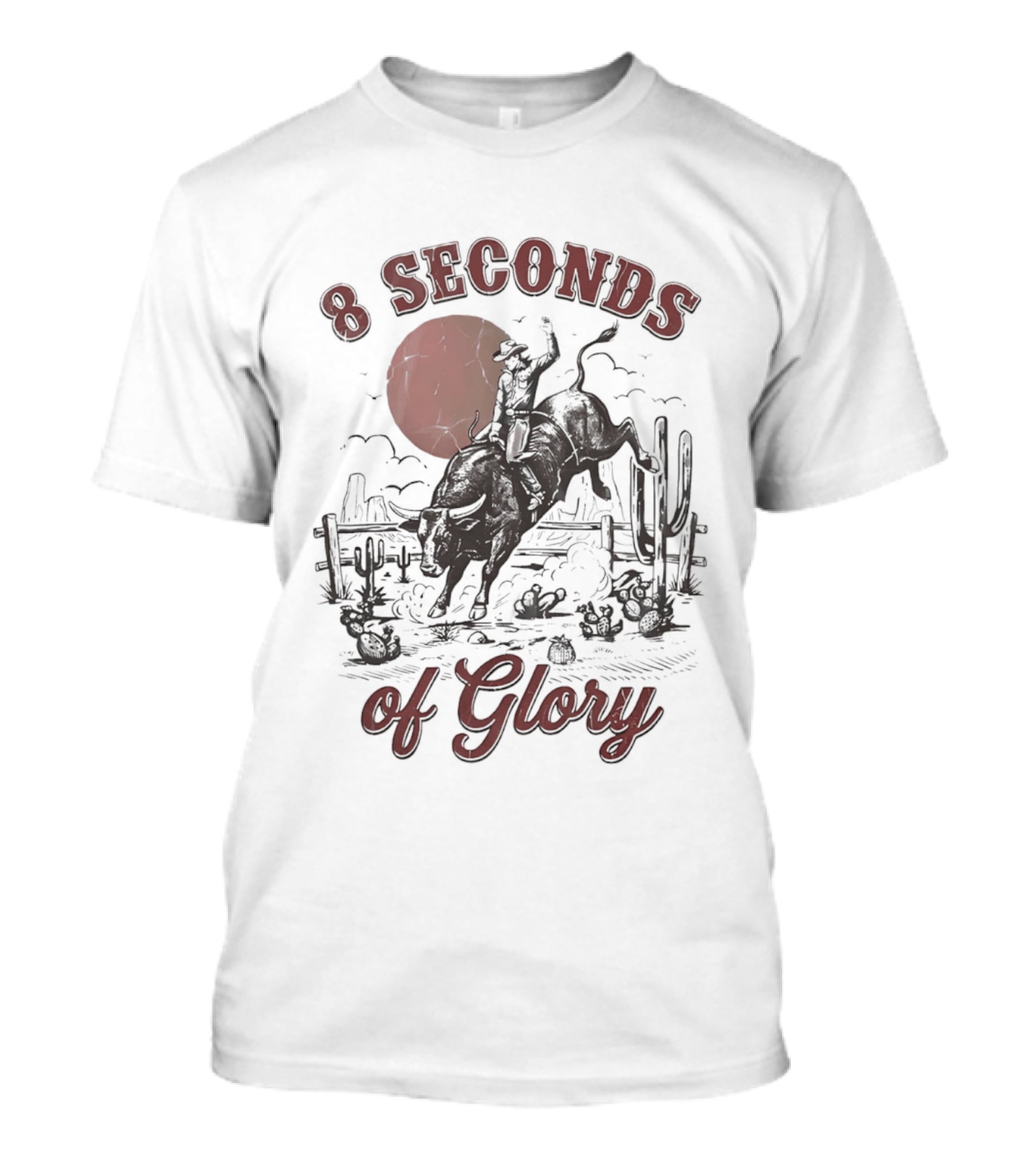 8 Seconds Of Glory Cowboy Riding Rodeo Bull Southwestern Desert Scene T-Shirt
