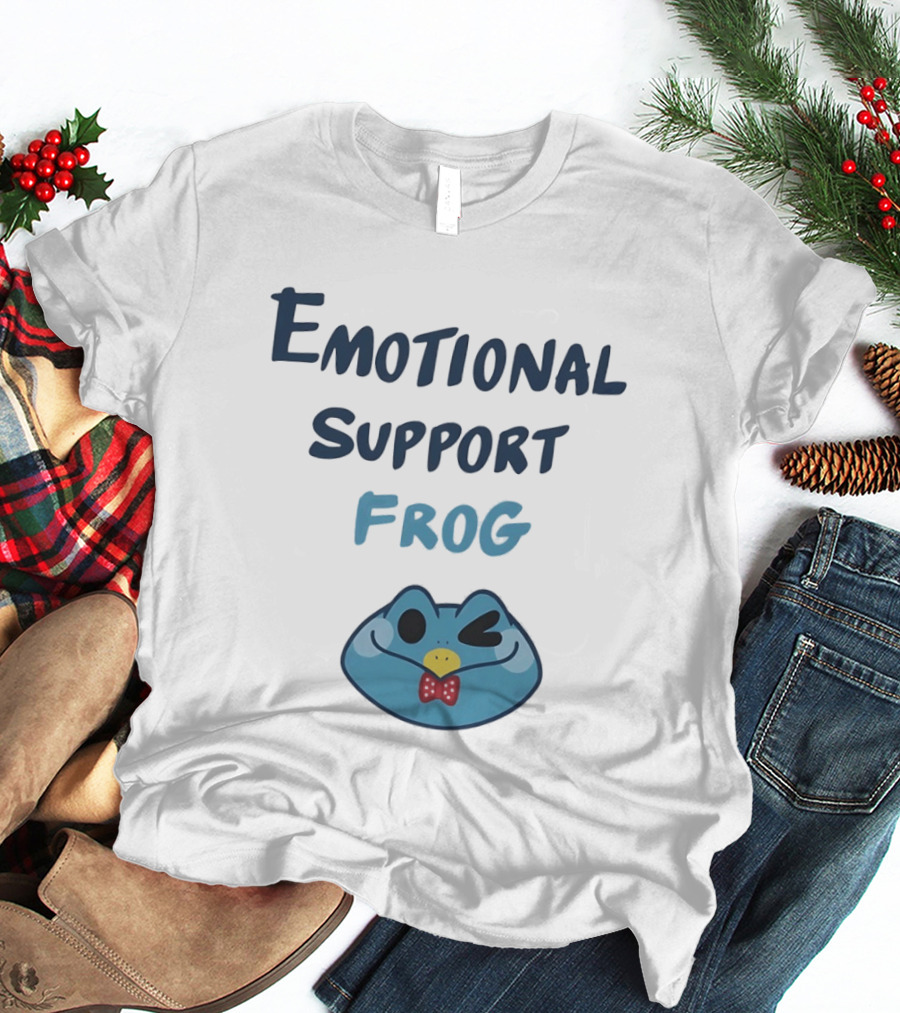 Emotional Support Frog Winking Bow Tie Blue Face T-Shirt