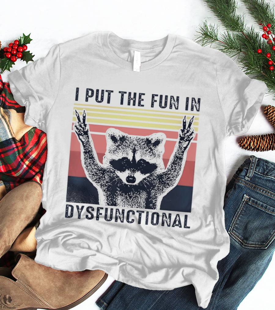 Raccoon Peace Gesture Fun In Dysfunctional Retro Sunset T-Shirt