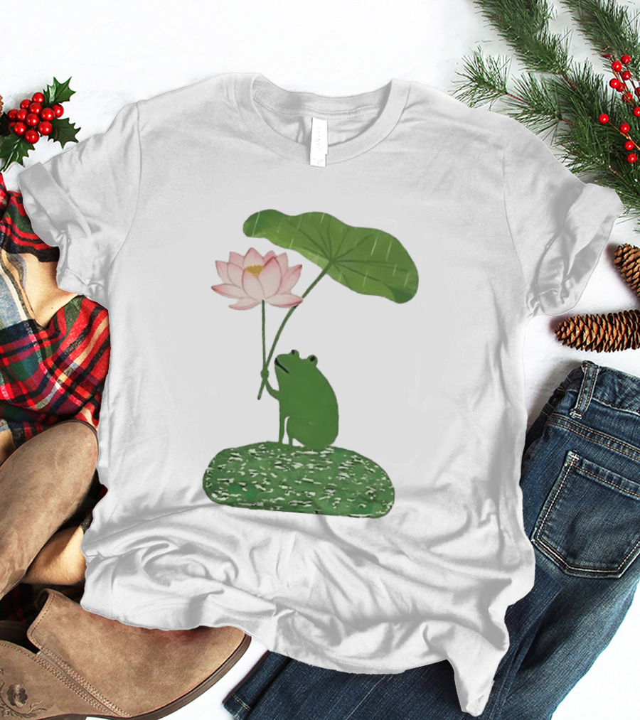Frog With Lotus Umbrella Under The Rain Meme Cute Nature Scene T-Shirt