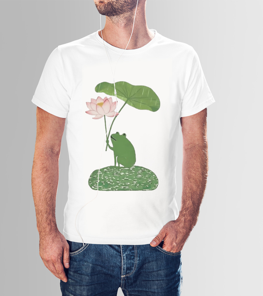 Frog With Lotus Umbrella Under The Rain Meme Cute Nature Scene T-Shirt