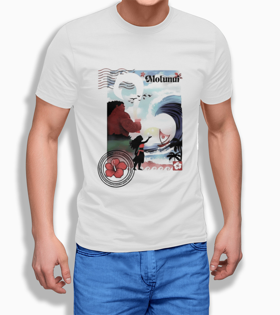 Motunui Postage Stamp Ocean Wave Hibiscus Blossom T-Shirt