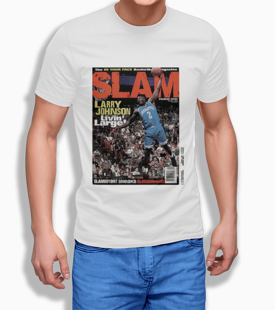 Basketball Magazine Slam Larry Johnson Premier Issue Livin Large Charlotte T-Shirt