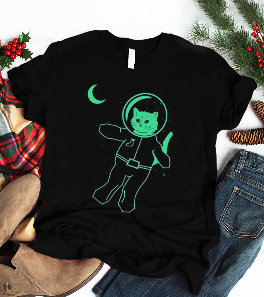 Glow In The Dark Astronaut Neon Cat With Moon Phases T-Shirt