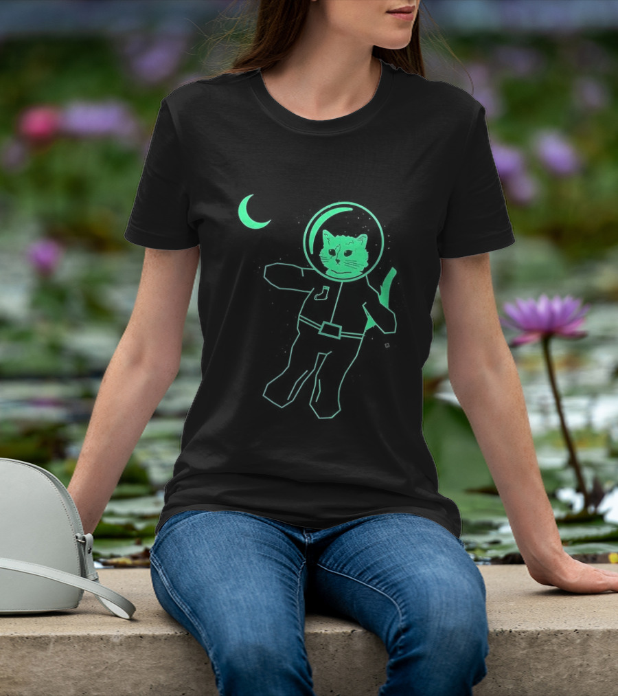 Glow In The Dark Astronaut Neon Cat With Moon Phases T-Shirt