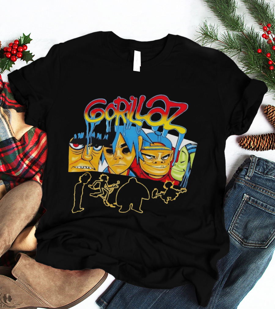 Gorillaz Band Characters Face Art And Silhouette Outlines T-Shirt