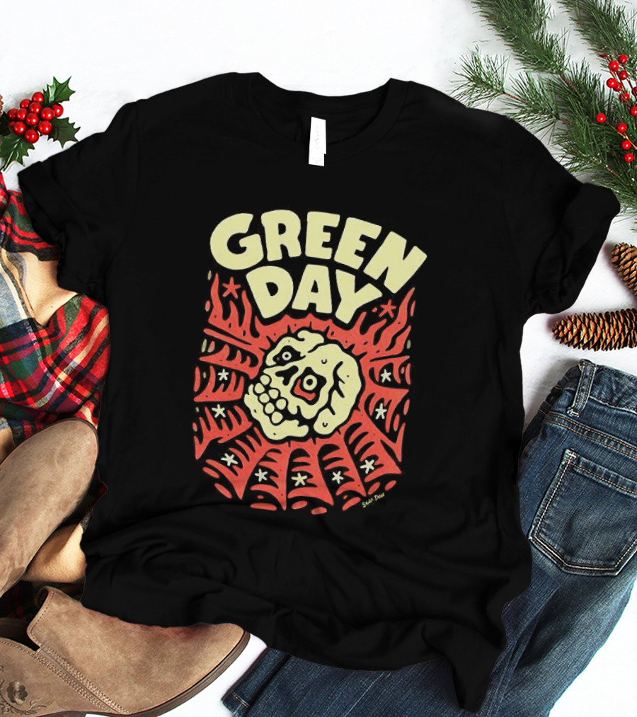 Green Day Skull Spider Red And Cream T-Shirt