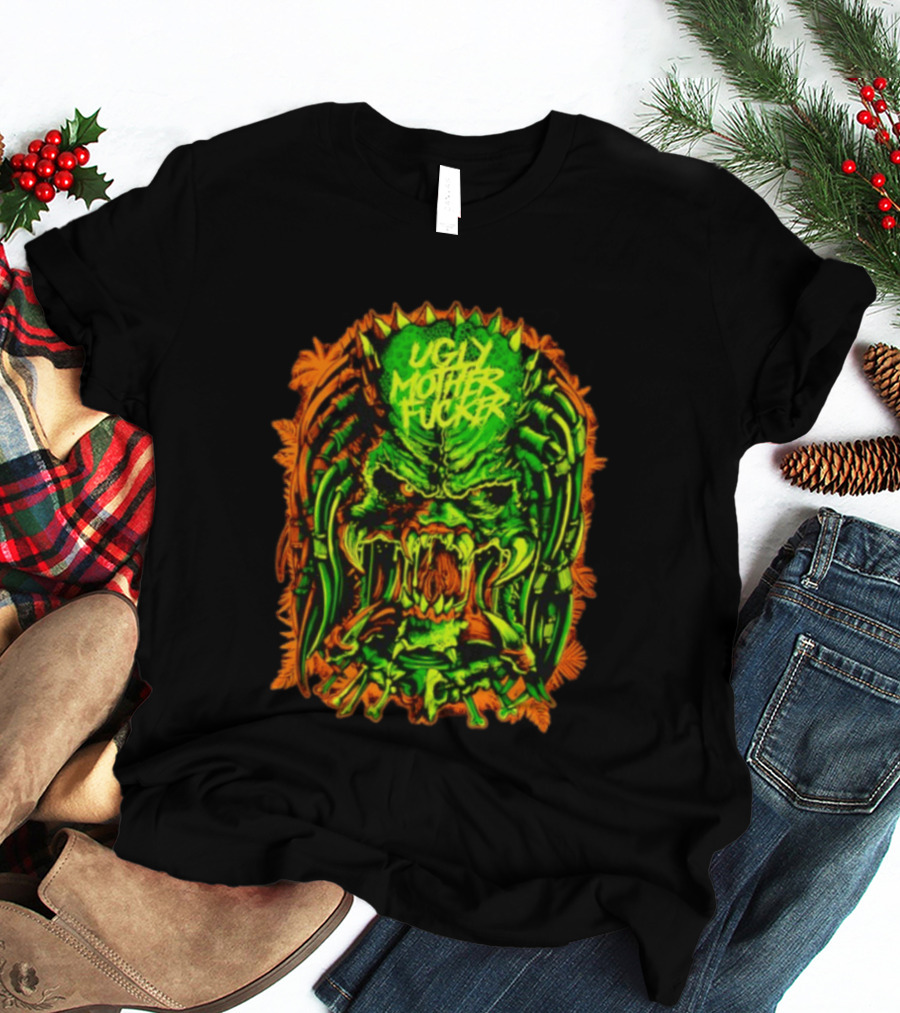 Predator Ugly Mother Fucker Alien Mask Neon Green And Orange T-Shirt