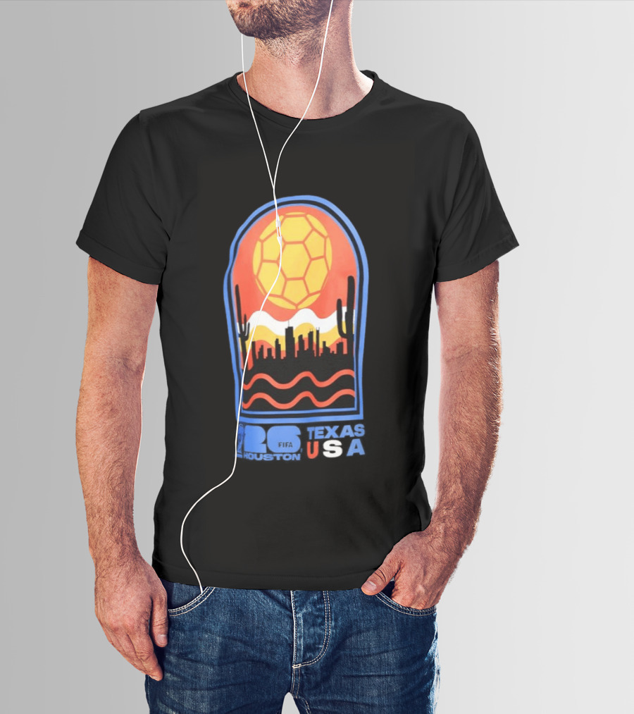 Texas USA FIFA 2026 Houston Skyline Cactus Sunset Soccer Ball T-Shirt